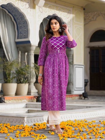 Varanga Purple Bandhani Printed Round Neck Yoke, Three Quarter Sleeves Anarkali Kurta